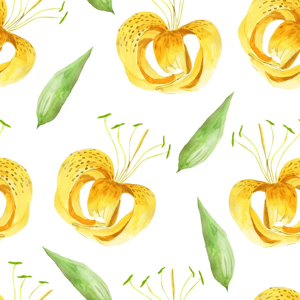 Yellow Lilies Spring Summer Flowers Watercolor Seamless Pattern — Stock Photo, Image