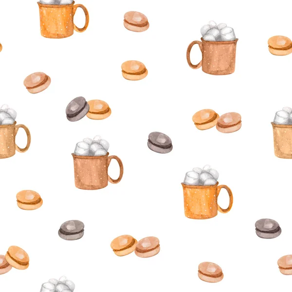 Marshmallow cocoa coffee macaroon seamless pattern. For decoration of postcards, print, design works, souvenirs, design of fabrics and textiles, packaging design, invitation, wrapping, packaging, prin