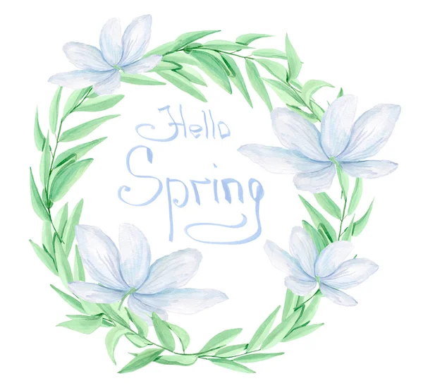 Hello Spring Lettering Flovers Frame Decorating Leaflets Web Souvenirs Design — Stock Photo, Image