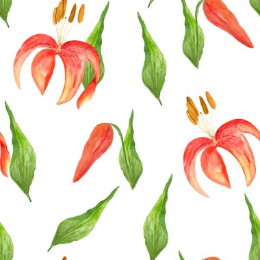 Kırmızı zambaklar bahar çiçekleri suluboya pürüzsüz desen.