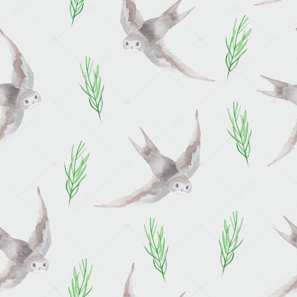 Seamless watercolor swallow pattern. For decoration of postcards, print, design works, souvenirs, design of fabrics and textiles.