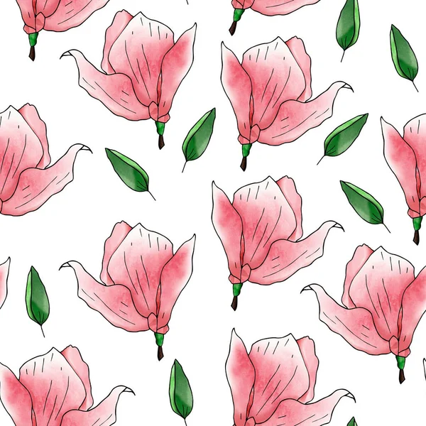 Růžové Magnólie Květiny Zelenými Malými Listy Bezešvé Vzor — Stock fotografie