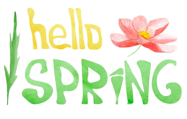 Hand Lettering Hello Spring Yellow Green Letters Red Flower Green — Stock Photo, Image