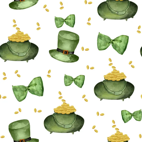 День Патрика Бесшовный Рисунок Зеленым Бантом Шляпой Горшком Монет — стоковое фото