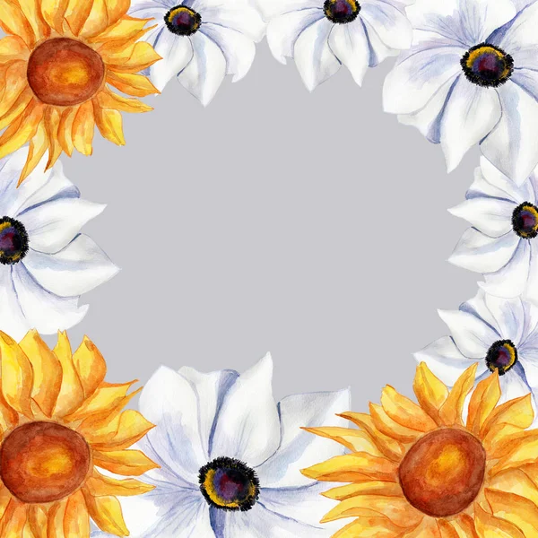 向日葵海葵白色水彩框架模板 用于装饰 纪念品 邀请函 — 图库照片