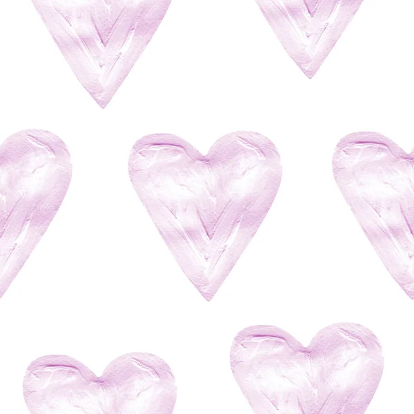 粉红的心形呈淡淡的粉红 粉刷后的丙烯酸涂料呈白色背景无缝图案 装饰设计和插图模板 — 图库照片