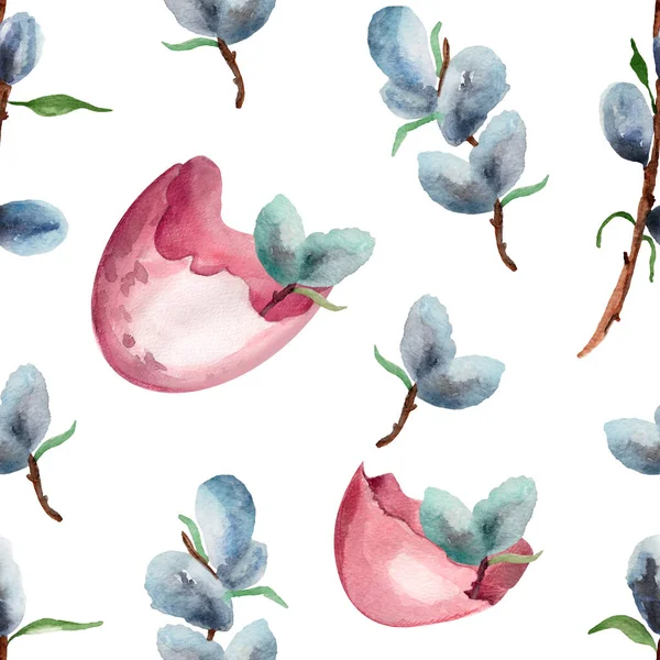 Μπλε Κλαδιά Ιτιάς Και Ροζ Κοχύλια Αυγών Χωρίς Ραφή Μοτίβο — Φωτογραφία Αρχείου