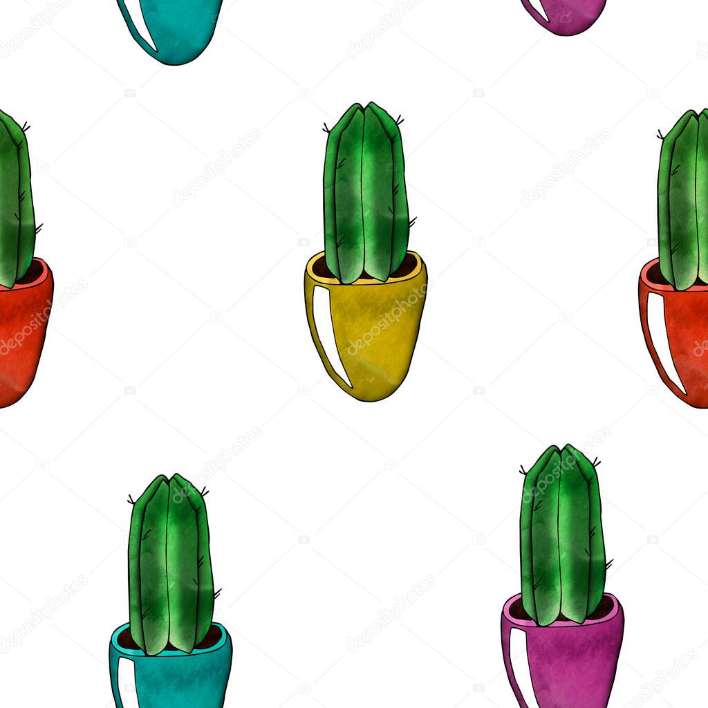 Cacti in bright colorful pots indoor plant pattern. Template for decorating designs and illustrations.