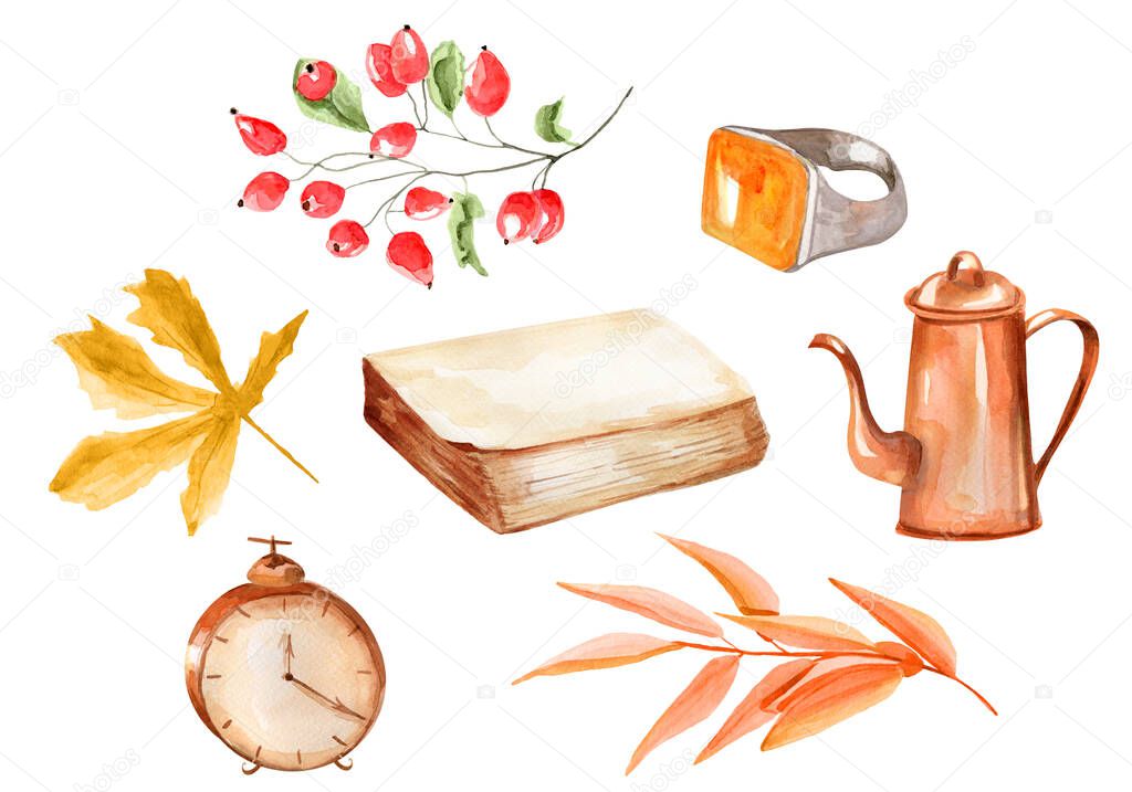 Watercolor autumn items set. Template for decorating designs and illustrations.