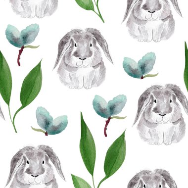 Beyaz Tavşan Paskalya suluboya kusursuz desen. Tasarım ve çizimler için şablon.
