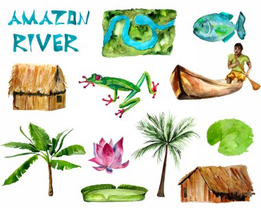 Amazon nehri suluboya seti, nehir haritası, kanodaki çocuk, kulübe, palmiye, nilüfer, kurbağa, pirana. Tasarım ve çizimler için şablon.