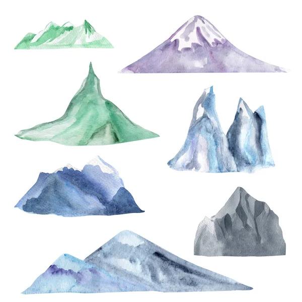 Montañas Rocas Volcanes Acuarela Conjunto Plantilla Para Decorar Diseños Ilustraciones —  Fotos de Stock