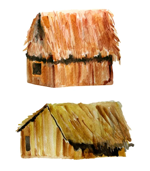 Set Illustration Aquarelle Cabane Tropicale Modèle Pour Décoration Dessins Illustrations — Photo