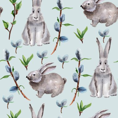 Mavi arka planda söğüt dalları ve tavşanlar sulu boya desenleri. Tasarım ve çizimler için şablon.