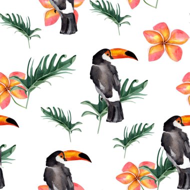 Yağmur ormanlarında tukan, filodendron yaprakları ve Hawaii çiçekleri. Tasarım ve çizimler için şablon.