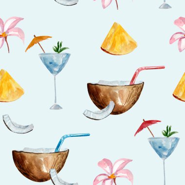 Kokteyl, tropikal çiçek, ananas ve hindistan cevizi içeren suluboya mavi desenli plaj..