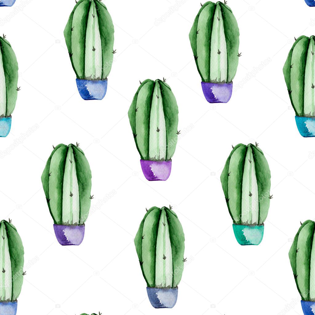 Cactus in blue pot watercolor seamless pattern. Template for decorating designs and illustrations.