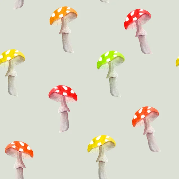 Magic Multicolored Fly Agaric Watercolor Seamless Pattern Template Decorating Designs — Stock Photo, Image