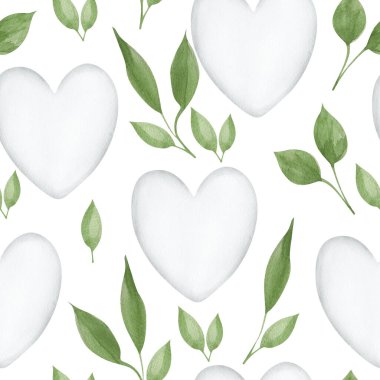 Büyük beyaz kalp ve yeşil yapraklar pürüzsüz desen. Tasarım ve çizimler için şablon.