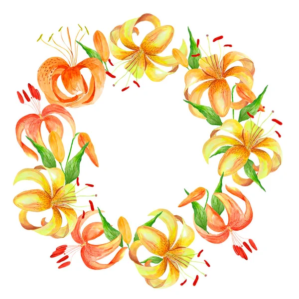 Wreath Frame Made Watercolor Lilies Template Decorating Designs Illustrations — Stock Photo, Image