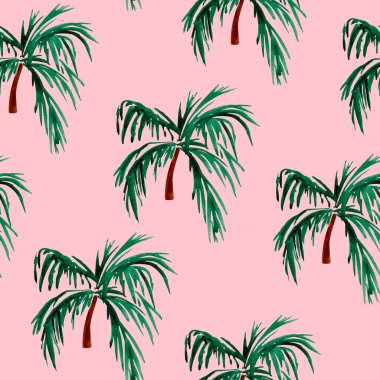 Pembe arka planda palmiye ağacı suluboya deseni. Tasarım ve çizimler için şablon.