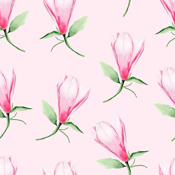 ピンクの背景の水彩のシームレスなパターンにマグノリア芽 デザインやイラストを飾るためのテンプレート — ストック写真