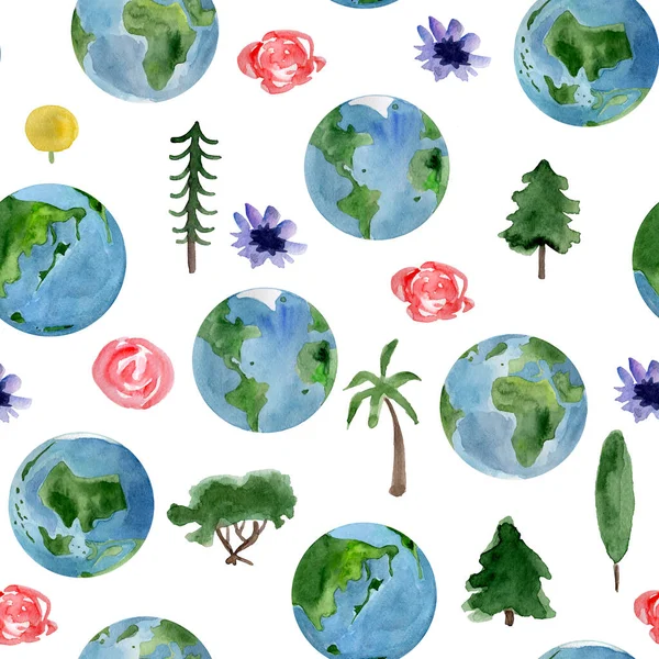 Planet earth among forests watercolor seamless pattern. Template for decorating designs and illustrations.