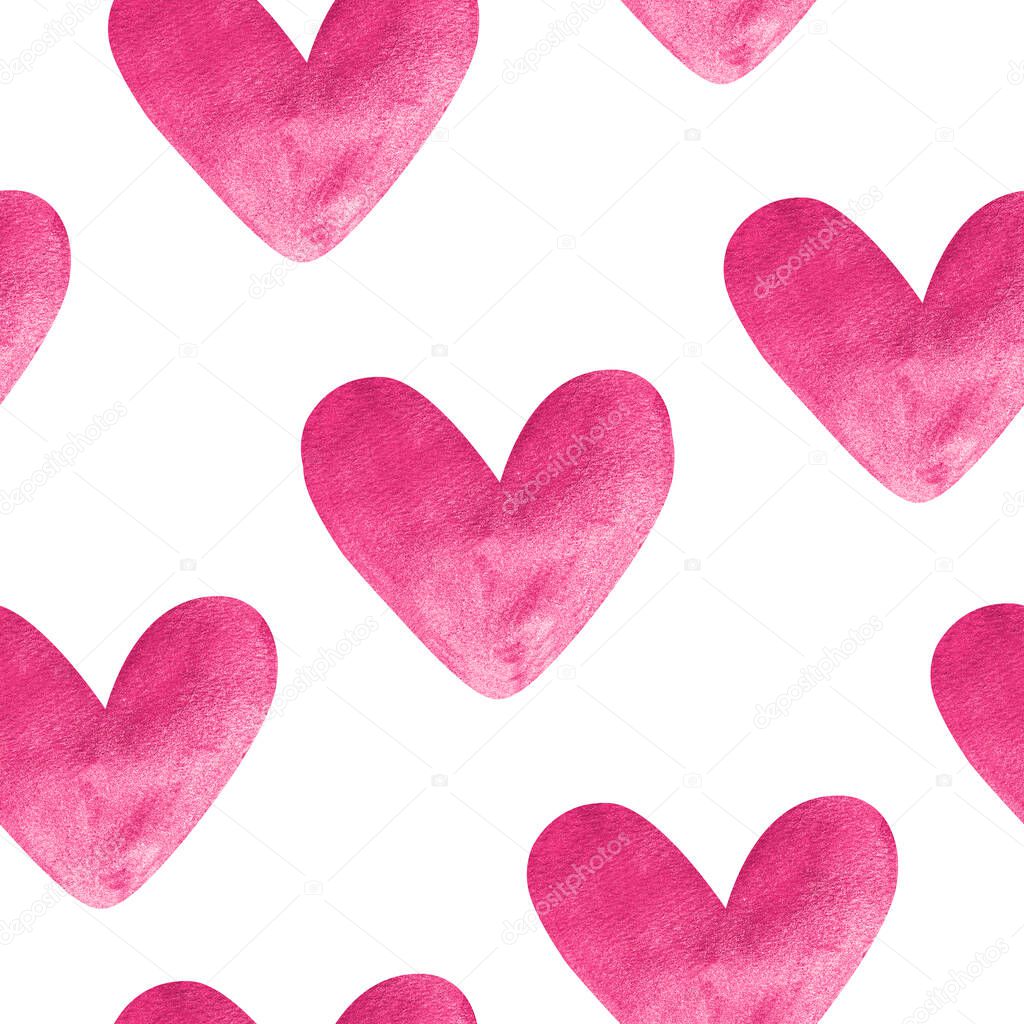 Pink hearts with shining watercolor seamless pattern. Template for decorating designs and illustrations.