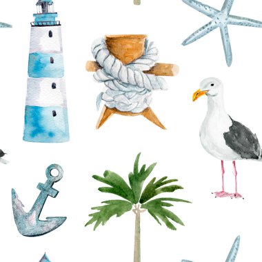 Palmiye ağacının yanında martı ve ip olan deniz feneri ve dikişsiz suluboya desenli çapalar. Tasarım ve çizimler için şablon.