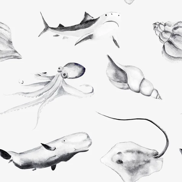 Obyvatelé Oceánu Akvarel Bezešvný Vzor Šablona Pro Zdobení Návrhů Ilustrací — Stock fotografie