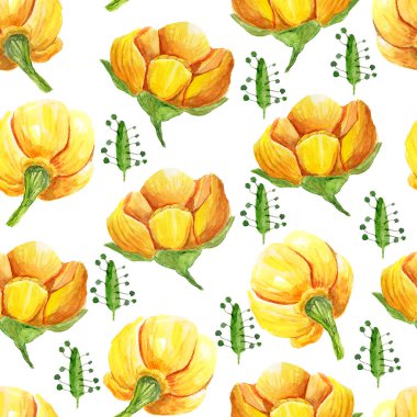 Sarı zambak suluboya kusursuz desen. Tasarım ve çizimler için şablon.