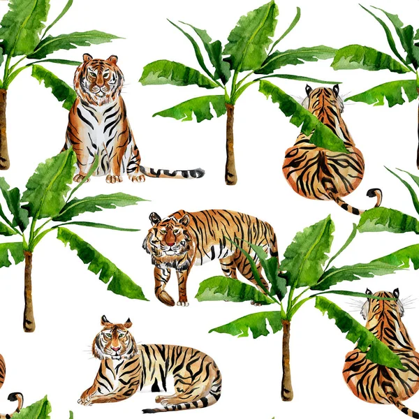 Tigers among palms watercolor seamless pattern. Template for decorating designs and illustrations.