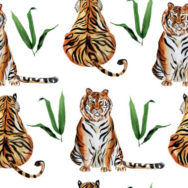 Yeşil yaprakların arasındaki kaplan, suluboya desenli. Tasarım ve çizimler için şablon.