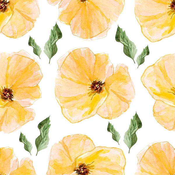 黄色罂粟水彩画图案无缝 装饰设计和插图模板 — 图库照片
