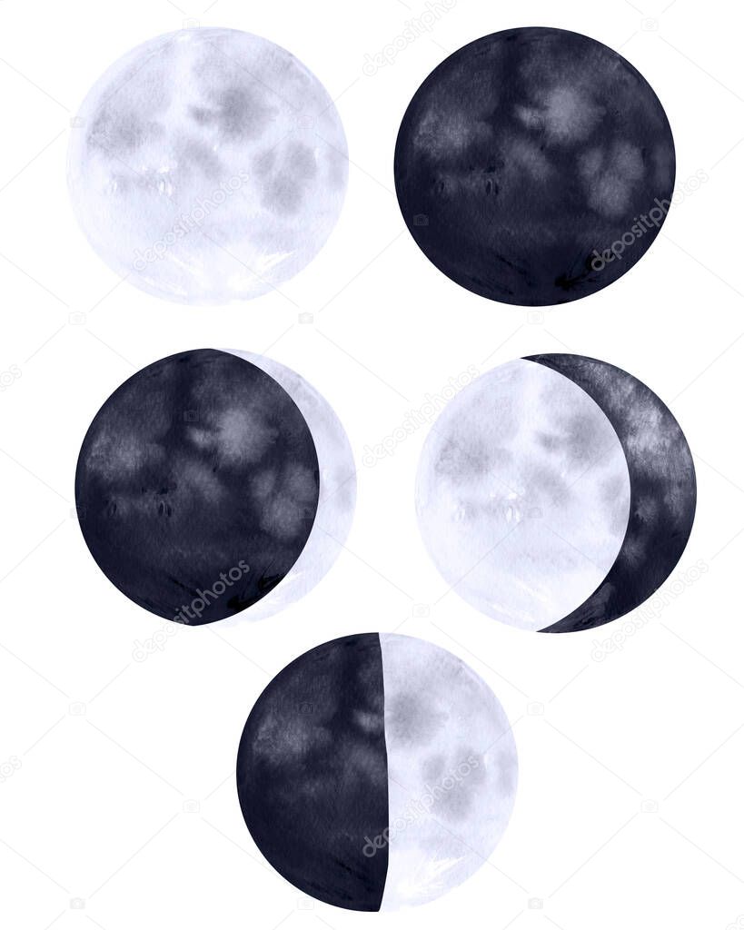 Phases and cycles of the moon watercolor illustration. Template for decorating designs and illustrations.