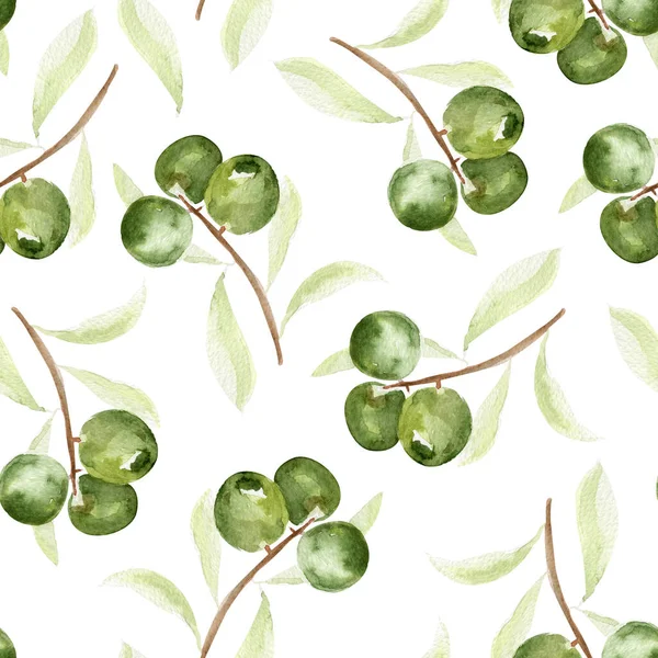 Olives Vertes Sur Aquarelle Arbre Motif Sans Couture Modèle Pour — Photo