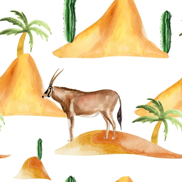 羚羊在沙漠中的沙丘中 水彩斑斓 天衣无缝 装饰设计和插图模板 — 图库照片