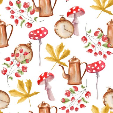 Autumn leaves and items watercolor seamless pattern. Template for decorating designs and illustrations.