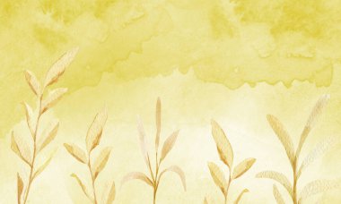 Yaprak döken dallarla altın sonbahar suluboya arka planı. Tasarım ve çizimler için şablon.