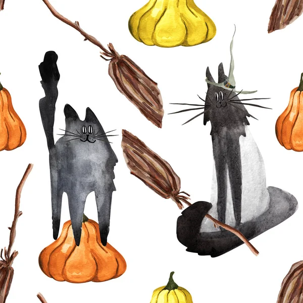 Halloween Zwarte Kat Pompoen Aquarel Naadloos Patroon Model Voor Het — Stockfoto