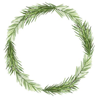 Köknar dallarının Noel çelengi suluboya. Tasarım ve çizimler için şablon.