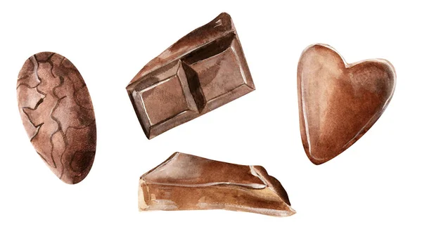 Piezas Chocolate Frijoles Acuarela Corazón Plantilla Para Decorar Diseños Ilustraciones — Foto de Stock