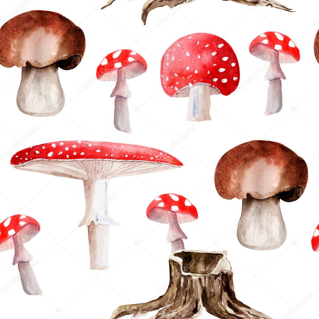 Mushrooms in autumn forest watercolor seamless pattern. Template for decorating designs and illustrations.