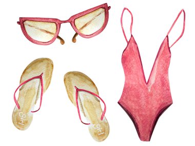 Parmak arası terlikler, mayo, suluboya çizimler. Tasarım ve çizimler için şablon.