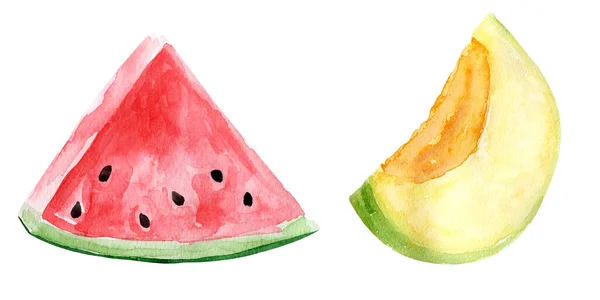 Melon Och Vattenmelon Skivor Akvarell Illustration Mall För Dekoration Mönster — Stockfoto