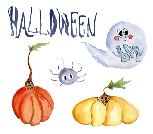 Calabazas Halloween Fantasmas Conjunto Acuarela Plantilla Para Decorar Diseños Ilustraciones —  Fotos de Stock