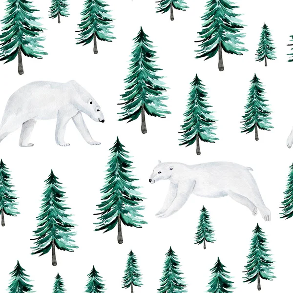 森の中のホッキョクグマの水彩シームレスなパターン デザインやイラストを飾るためのテンプレート — ストック写真