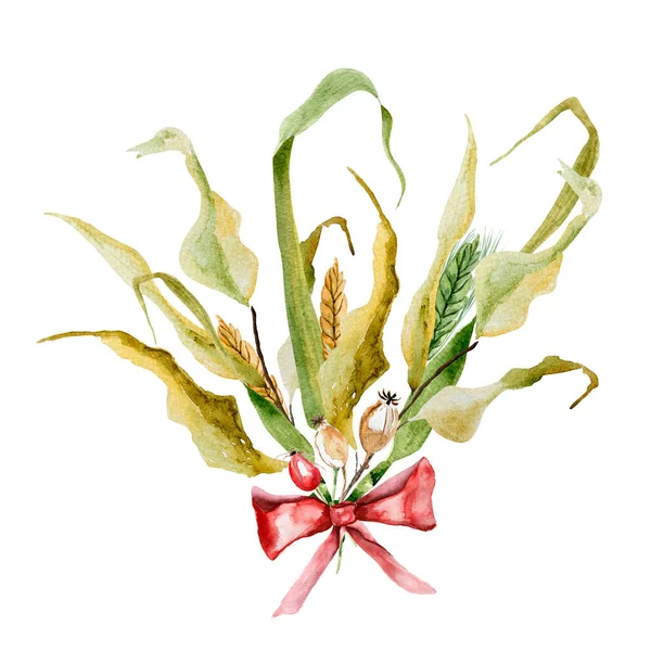 Φθινόπωρο Μπουκέτο Από Φύλλα Και Την Εικόνα Ακουαρέλα Σιταριού Πρότυπο — Φωτογραφία Αρχείου