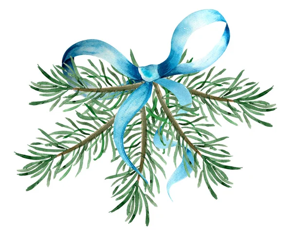 モミの枝水彩イラストと青の弓 デザインやイラストを飾るためのテンプレート — ストック写真