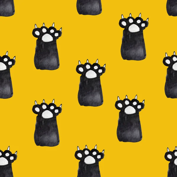 Kočičí Tlapa Žlutém Akvarelu Bezešvný Vzor Šablona Pro Zdobení Návrhů — Stock fotografie